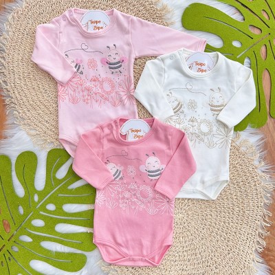 Kit 3 Peças - Bodys Manga Longa Abelha Fofa com Tule - Rosa, Off White e Rose